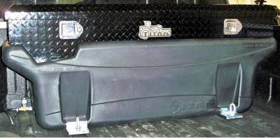 Titan Fuel Tanks Compact Locking BLACK Aluminum Diamond Plate toolbox secures two compartments (9901180)